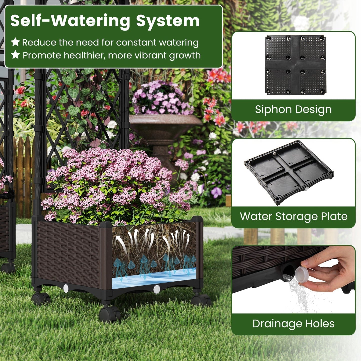 5.5 FT Self-Watering Planter Boxes with Lattice Trellis and Roof