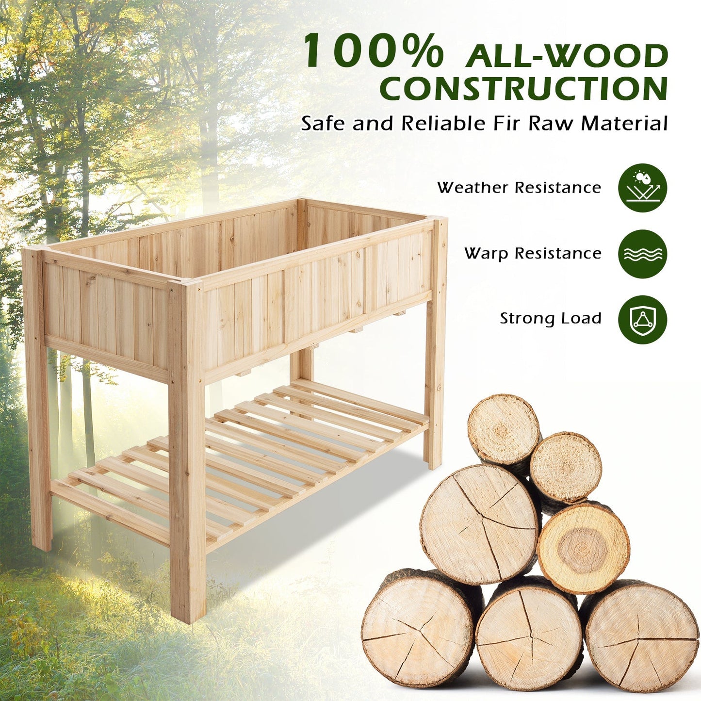 47 Inch Wooden Raised Garden Bed with Bottom Shelf and Bed Liner
