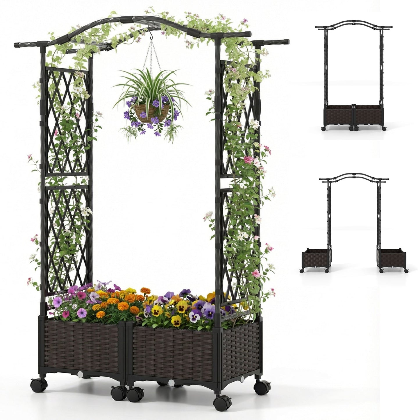 5 FT Self-Watering Planter Boxes with Lattice Trellis and Roof