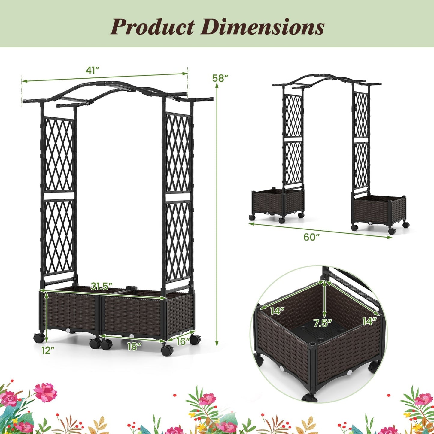 5 FT Self-Watering Planter Boxes with Lattice Trellis and Roof