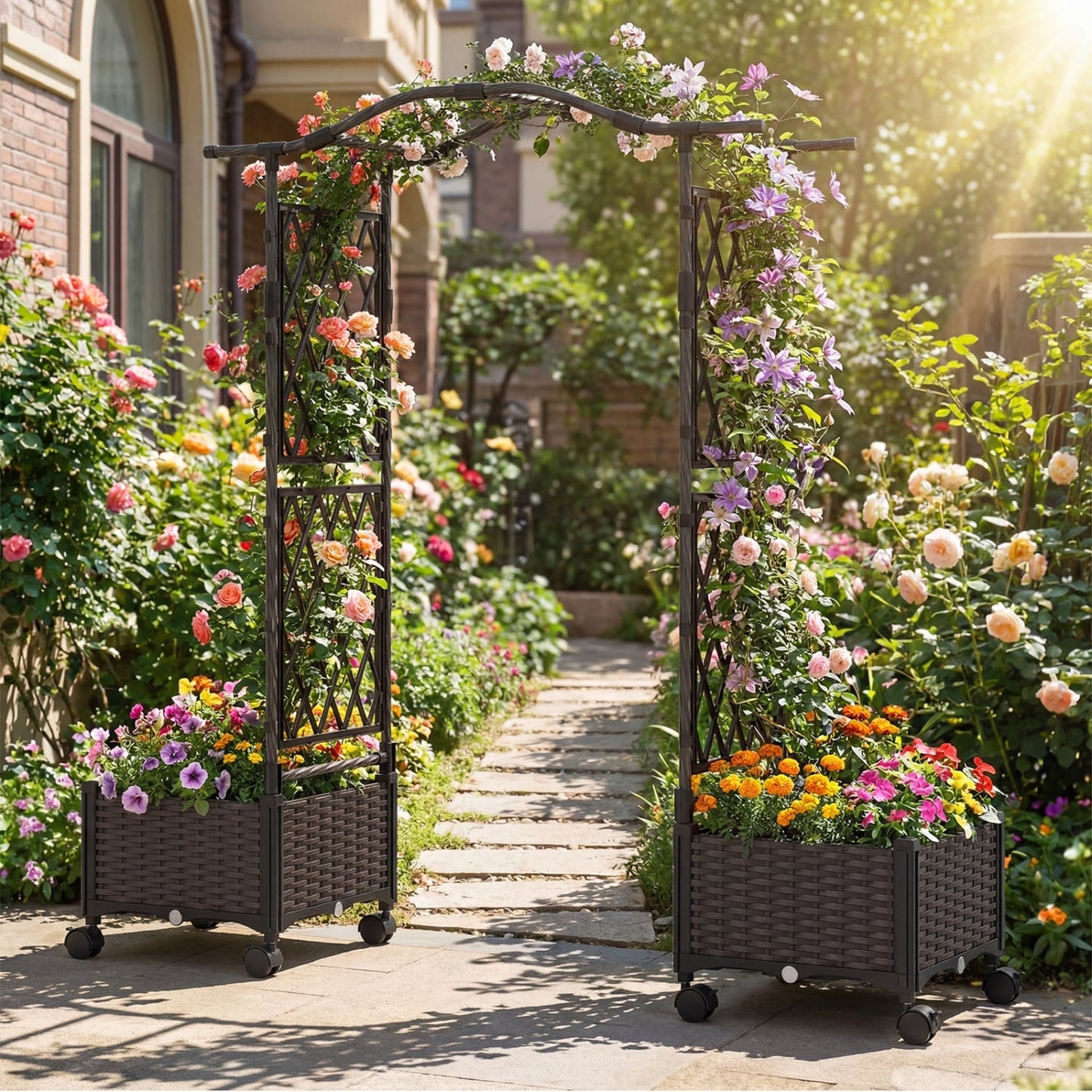 5 FT Self-Watering Planter Boxes with Lattice Trellis and Roof