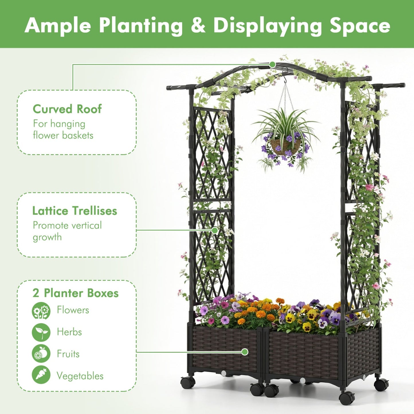 5 FT Self-Watering Planter Boxes with Lattice Trellis and Roof
