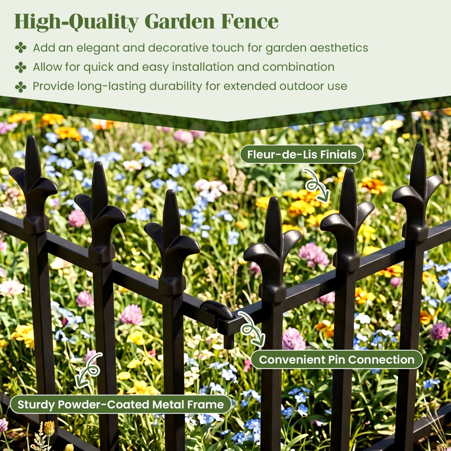 Decorative Metal Garden Fence 5-Pack or 10-Pack No-Dig