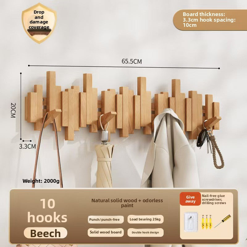 Solid Wood Adhesive Door Hook Rack for Hats and Coats