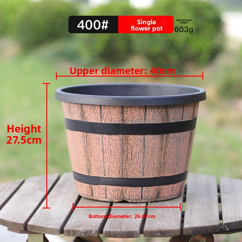 Retro Imitation Wooden Barrel Plastic Flower Pot