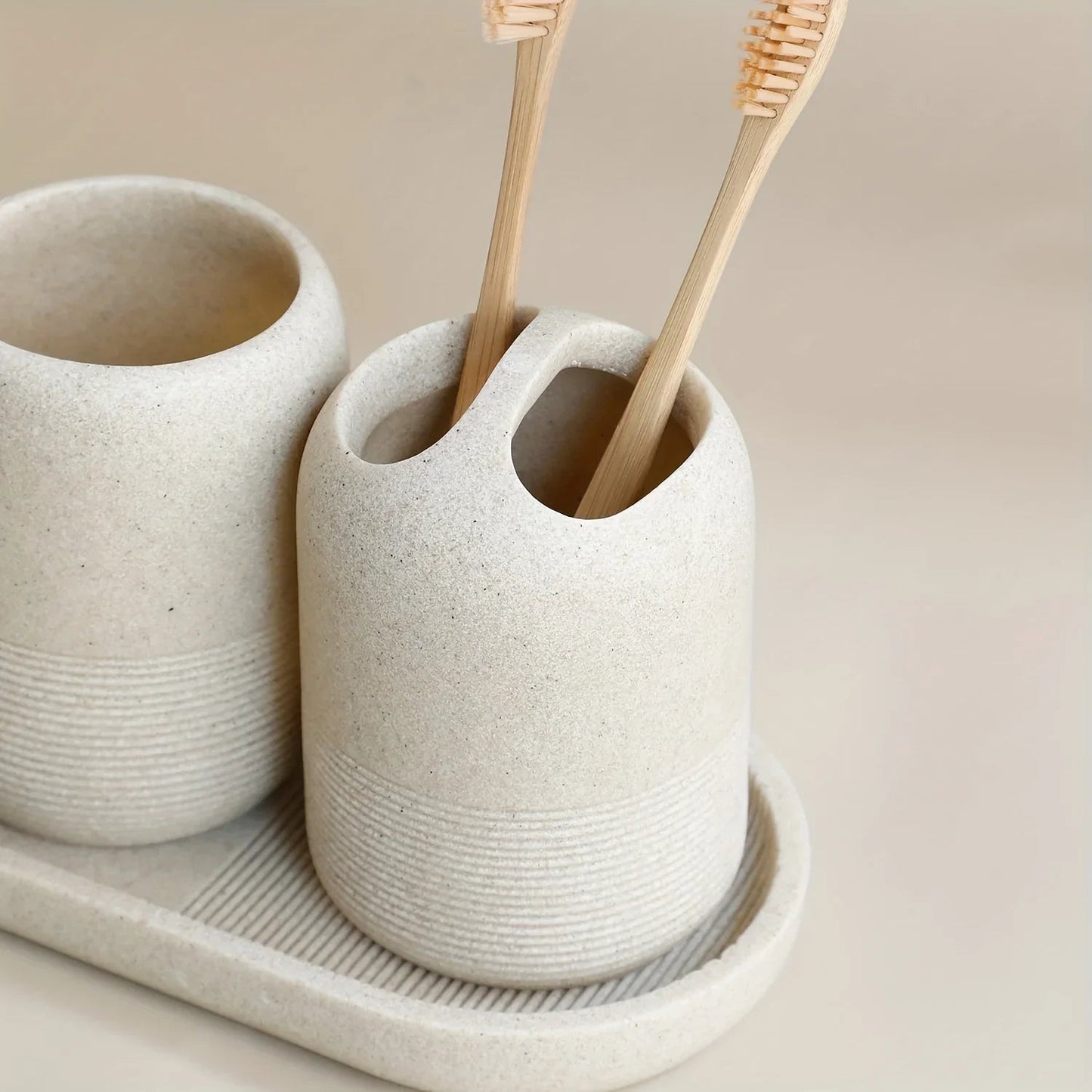 5pcs Bathroom Set: Soap Dispenser, Rinse Cup, Toothbrush Holder, Soap Dish, Tray - Yellow Sandstone Texture