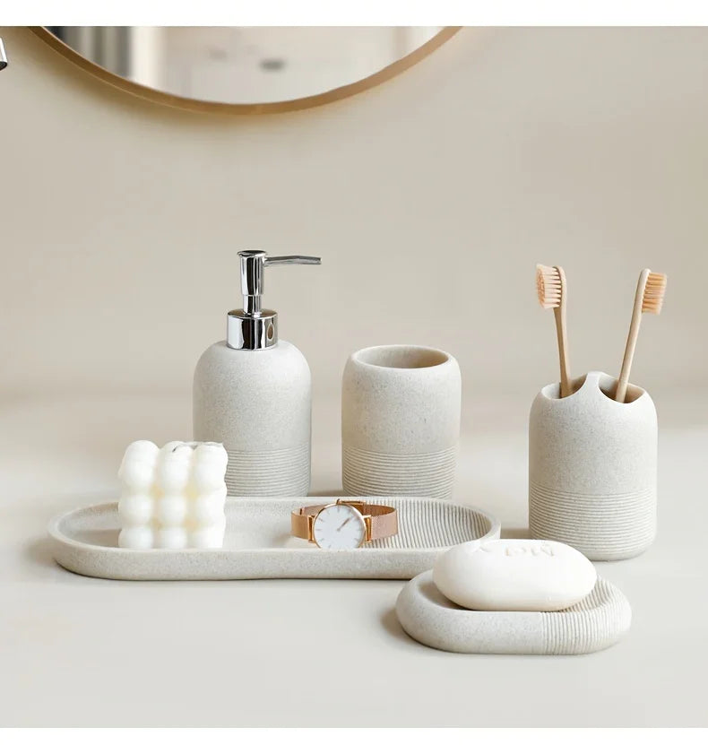 5pcs Bathroom Set: Soap Dispenser, Rinse Cup, Toothbrush Holder, Soap Dish, Tray - Yellow Sandstone Texture