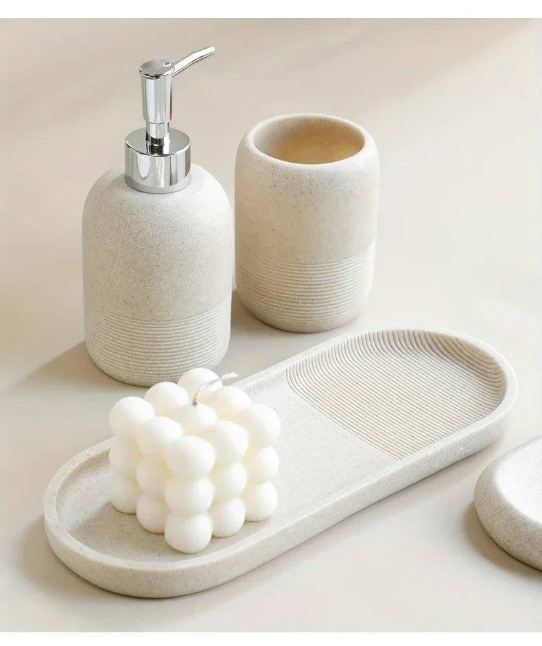 5pcs Bathroom Set: Soap Dispenser, Rinse Cup, Toothbrush Holder, Soap Dish, Tray - Yellow Sandstone Texture