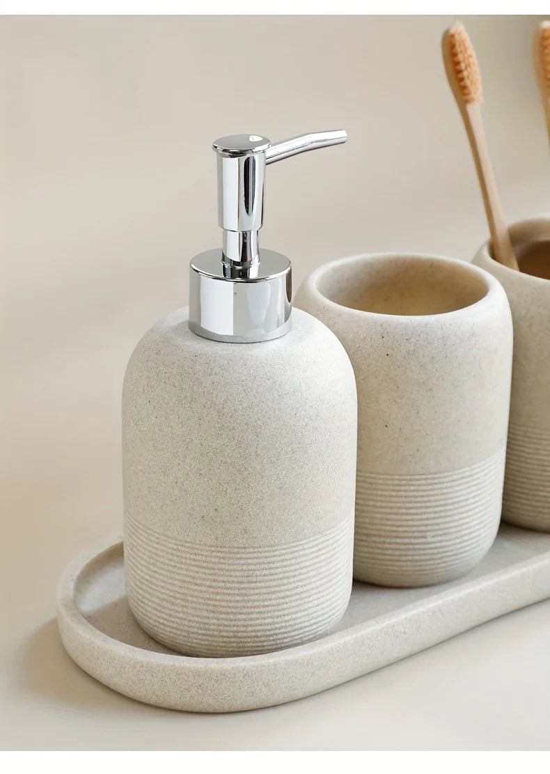5pcs Bathroom Set: Soap Dispenser, Rinse Cup, Toothbrush Holder, Soap Dish, Tray - Yellow Sandstone Texture