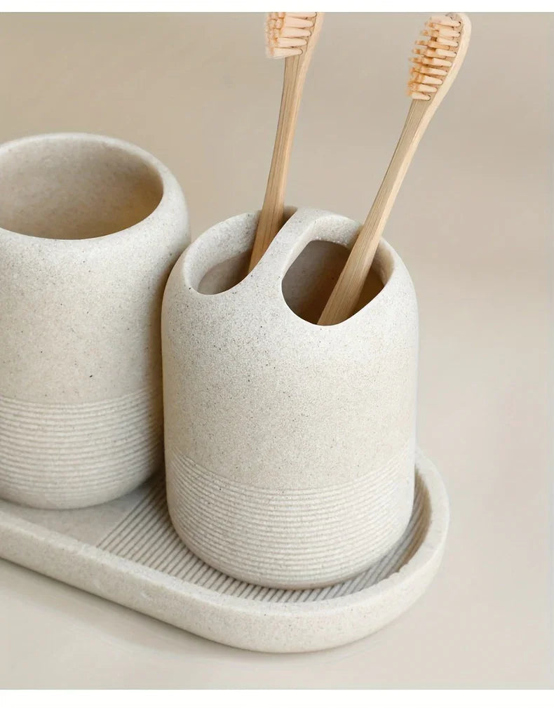 5pcs Bathroom Set: Soap Dispenser, Rinse Cup, Toothbrush Holder, Soap Dish, Tray - Yellow Sandstone Texture