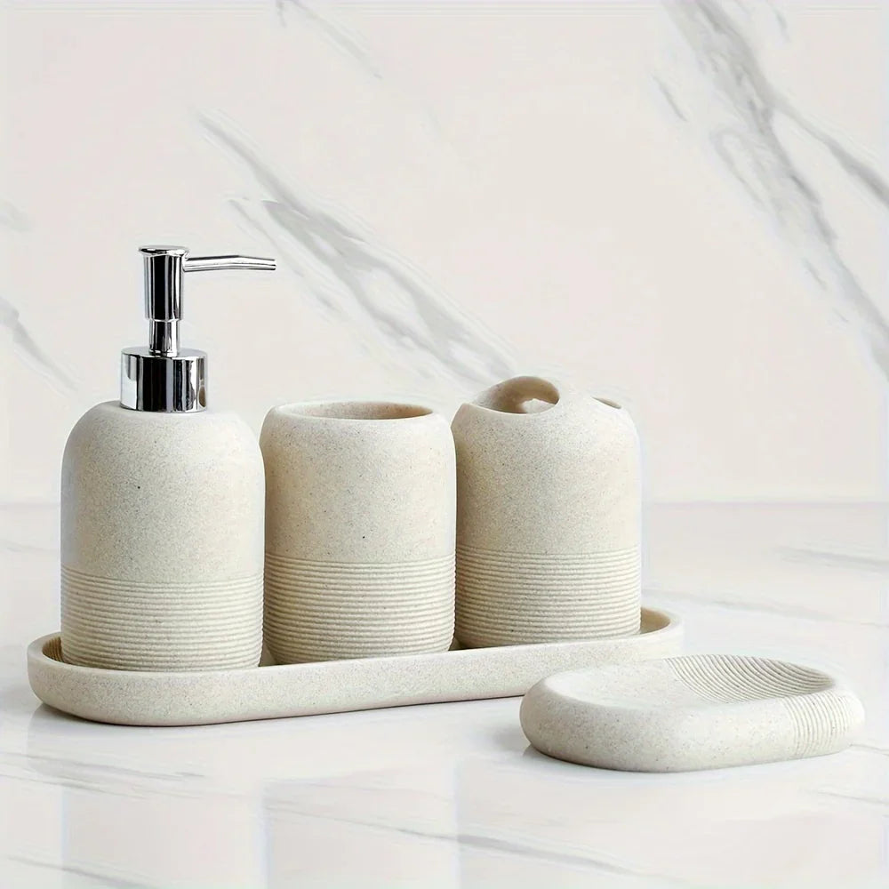 5pcs Bathroom Set: Soap Dispenser, Rinse Cup, Toothbrush Holder, Soap Dish, Tray - Yellow Sandstone Texture