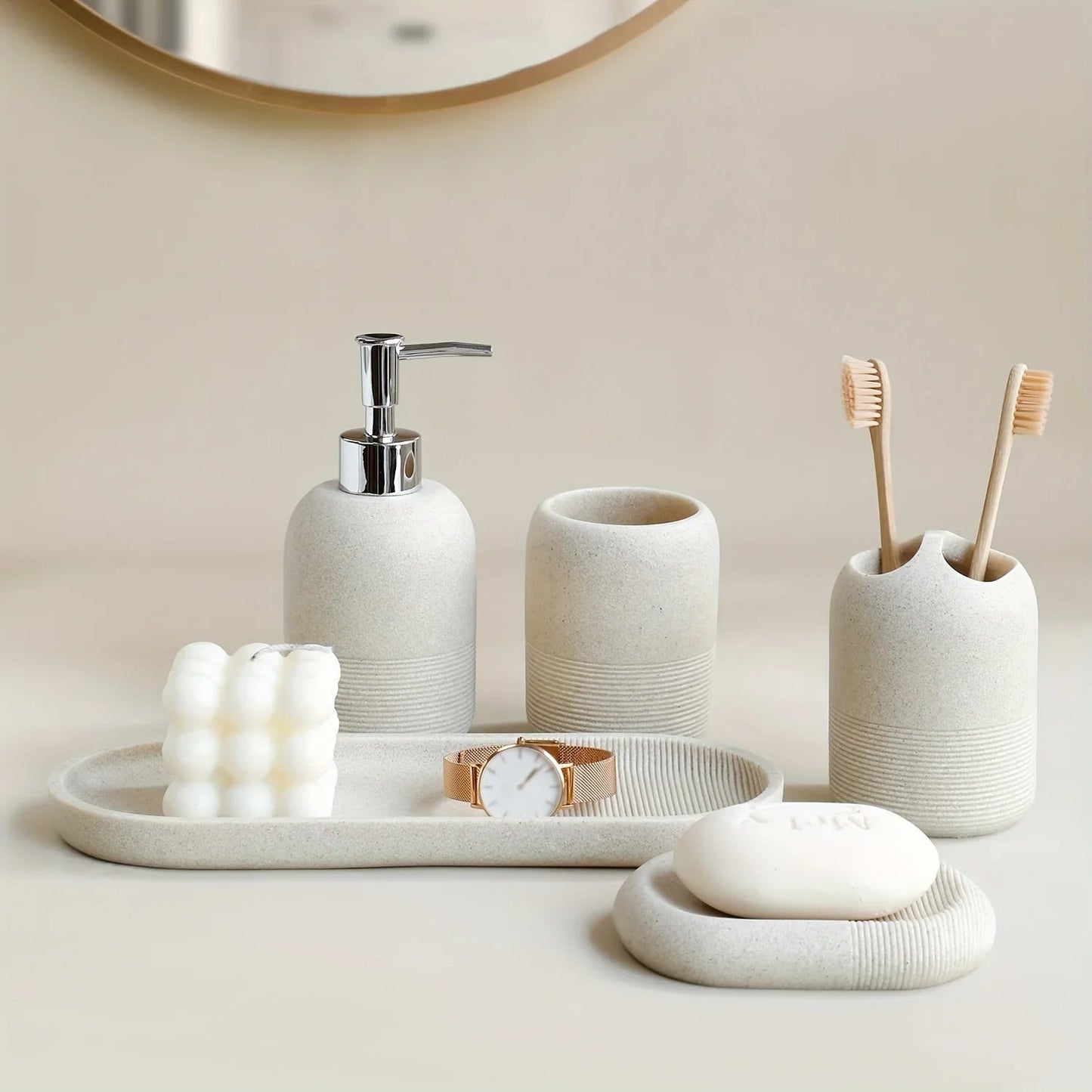 5pcs Bathroom Set: Soap Dispenser, Rinse Cup, Toothbrush Holder, Soap Dish, Tray - Yellow Sandstone Texture