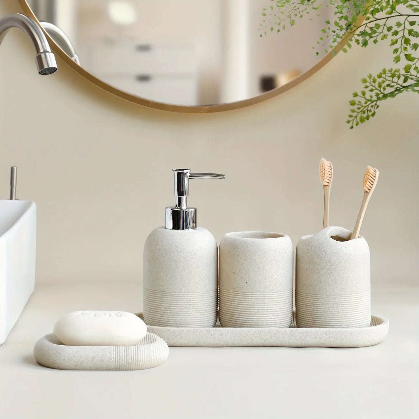 5pcs Bathroom Set: Soap Dispenser, Rinse Cup, Toothbrush Holder, Soap Dish, Tray - Yellow Sandstone Texture