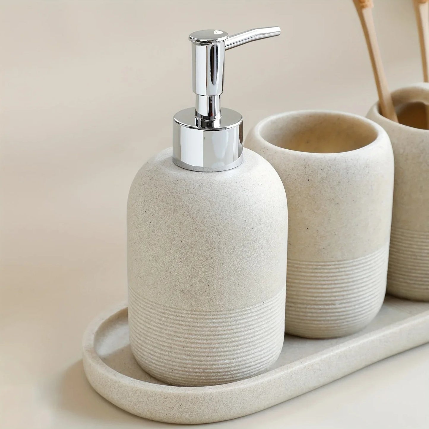 5pcs Bathroom Set: Soap Dispenser, Rinse Cup, Toothbrush Holder, Soap Dish, Tray - Yellow Sandstone Texture