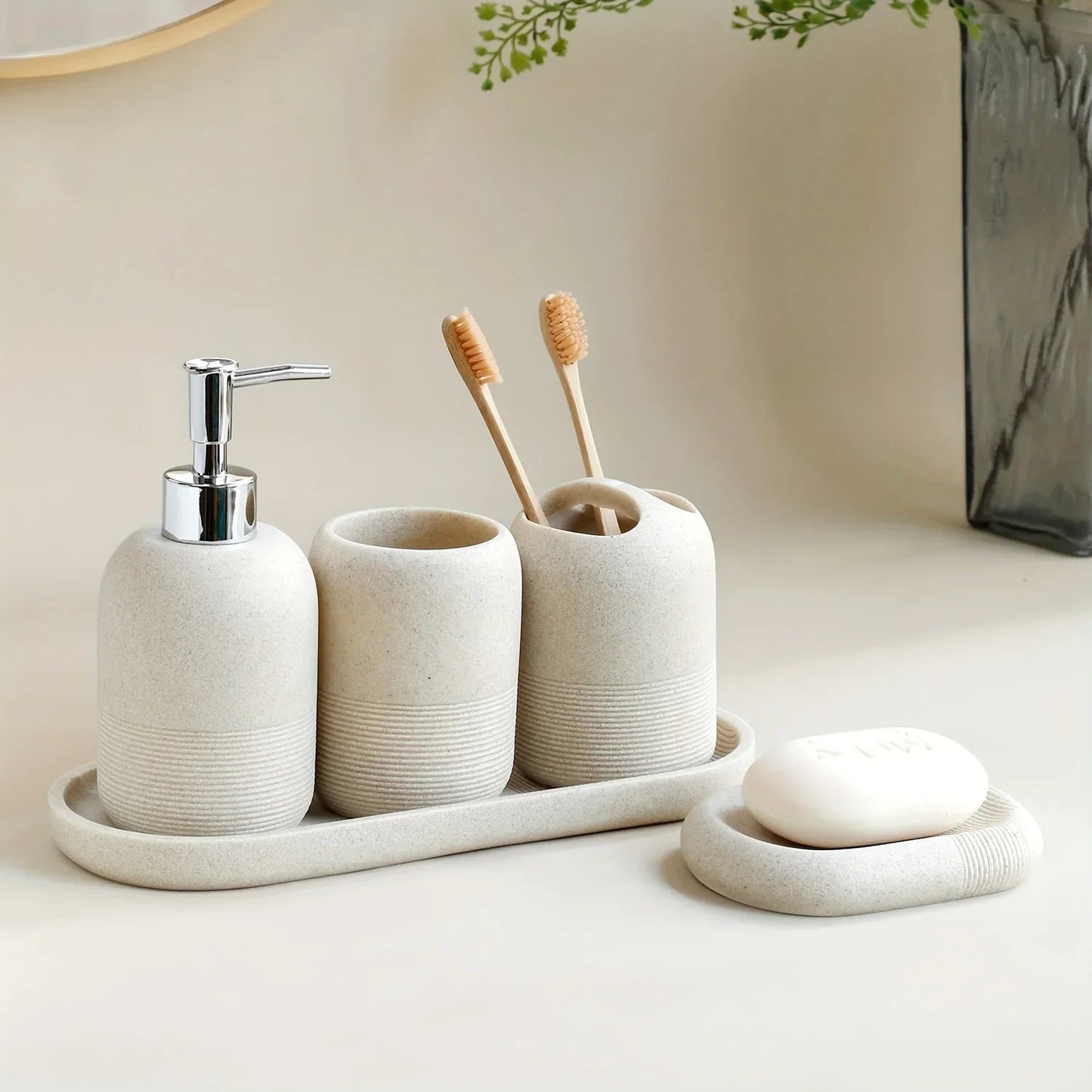 5pcs Bathroom Set: Soap Dispenser, Rinse Cup, Toothbrush Holder, Soap Dish, Tray - Yellow Sandstone Texture
