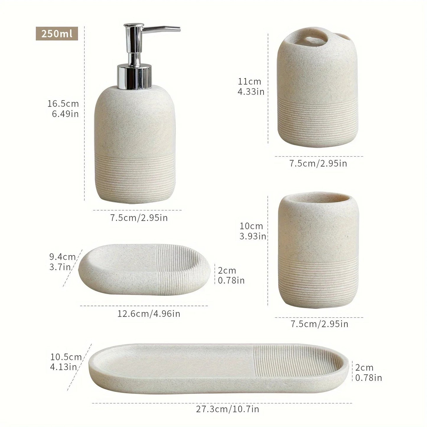 5pcs Bathroom Set: Soap Dispenser, Rinse Cup, Toothbrush Holder, Soap Dish, Tray - Yellow Sandstone Texture