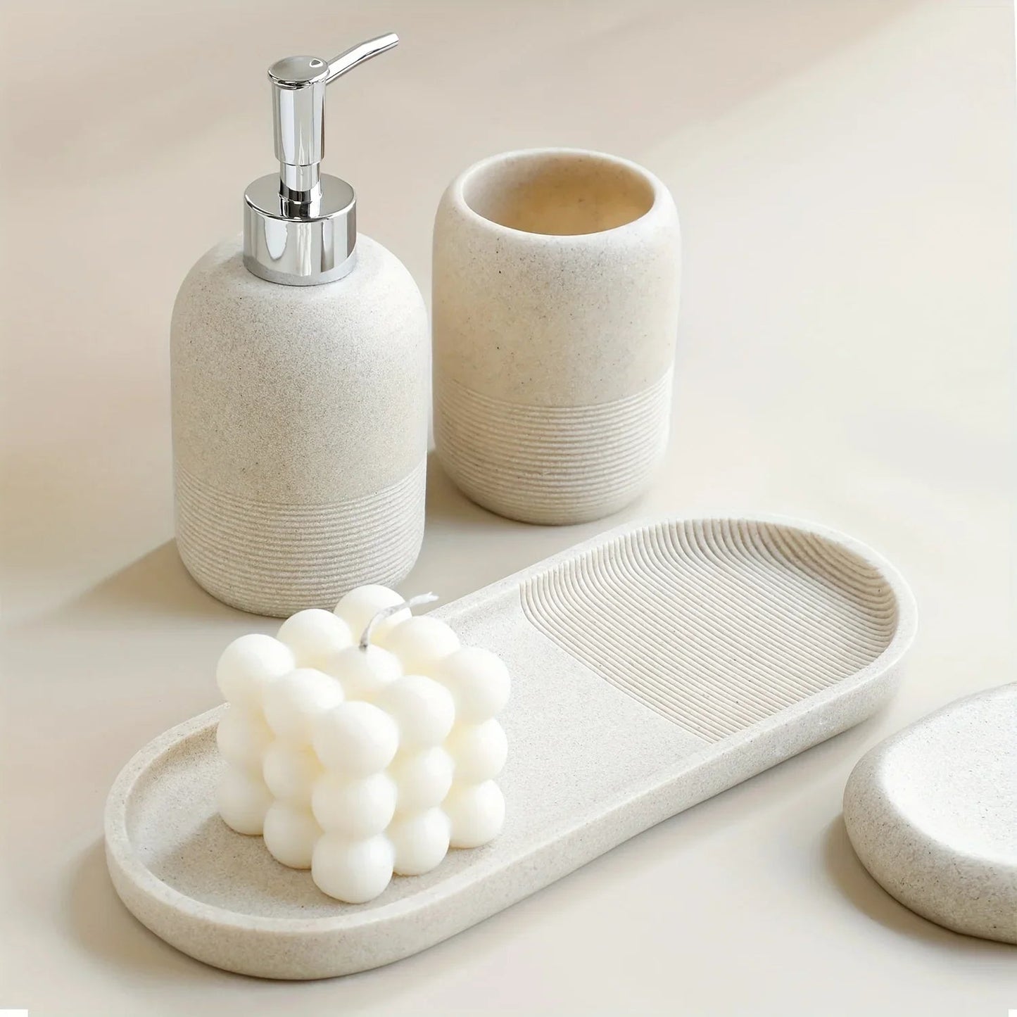 5pcs Bathroom Set: Soap Dispenser, Rinse Cup, Toothbrush Holder, Soap Dish, Tray - Yellow Sandstone Texture