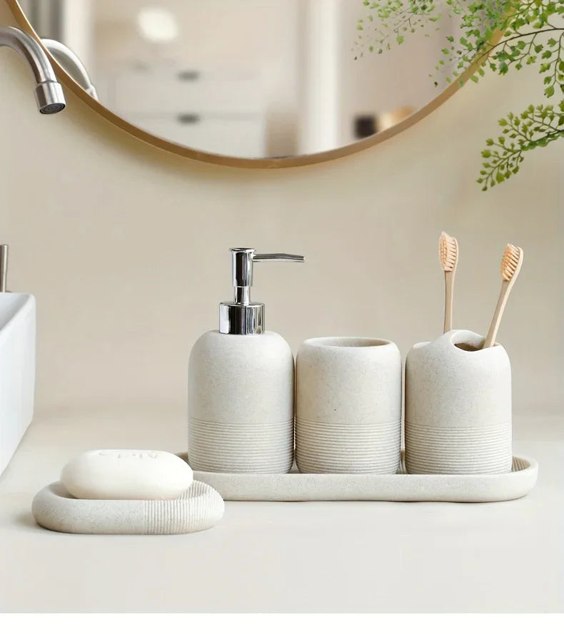 5pcs Bathroom Set: Soap Dispenser, Rinse Cup, Toothbrush Holder, Soap Dish, Tray - Yellow Sandstone Texture