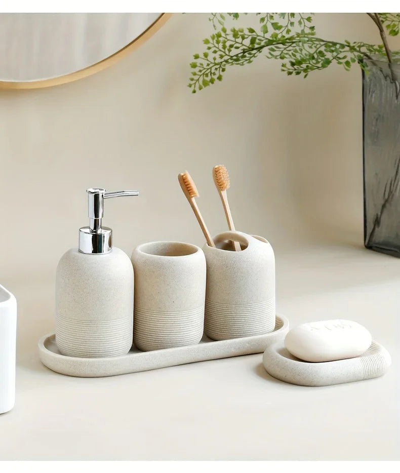 5pcs Bathroom Set: Soap Dispenser, Rinse Cup, Toothbrush Holder, Soap Dish, Tray - Yellow Sandstone Texture