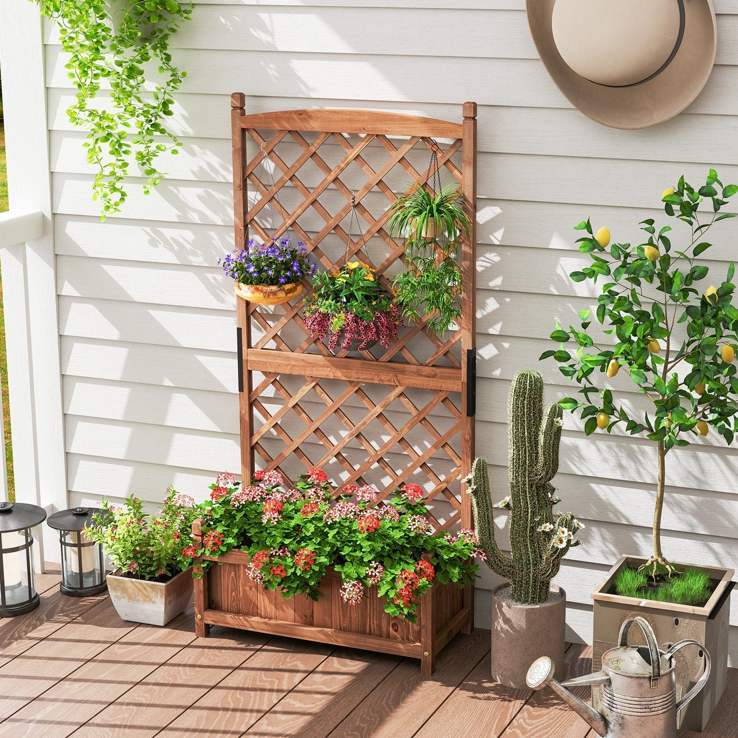 60 Inch Tall Raised Garden Bed with Diamond Lattice Trellis and Drainage Holes