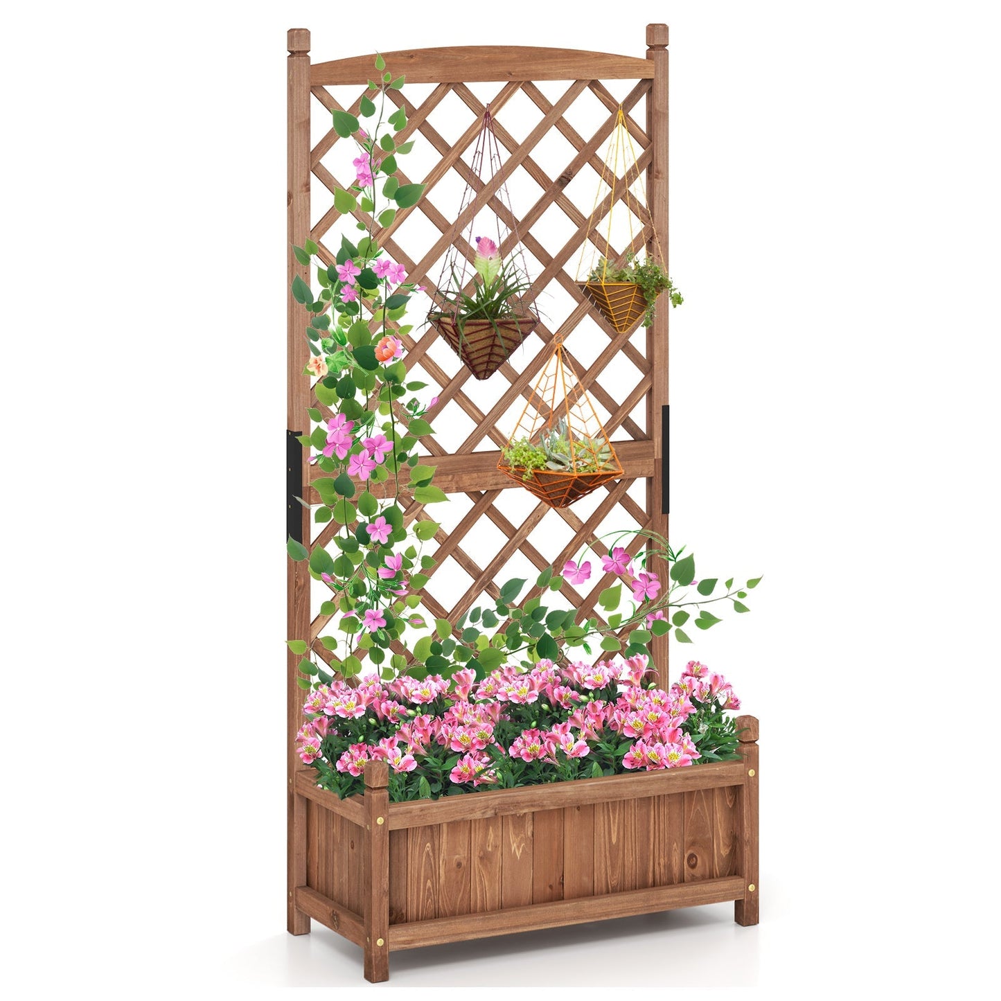 60 Inch Tall Raised Garden Bed with Diamond Lattice Trellis and Drainage Holes