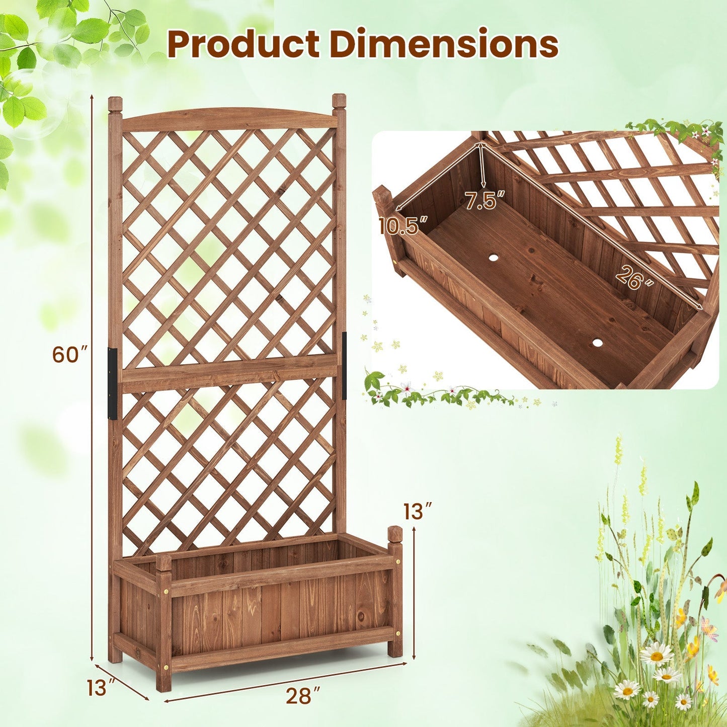 60 Inch Tall Raised Garden Bed with Diamond Lattice Trellis and Drainage Holes