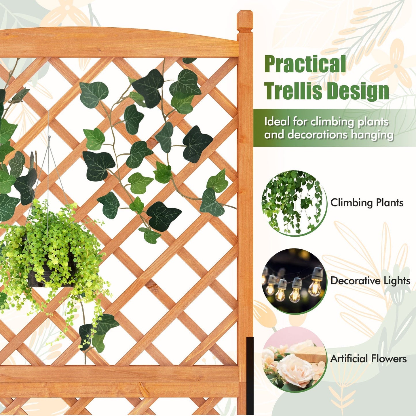 60 Inch Tall Raised Garden Bed with Diamond Lattice Trellis and Drainage Holes