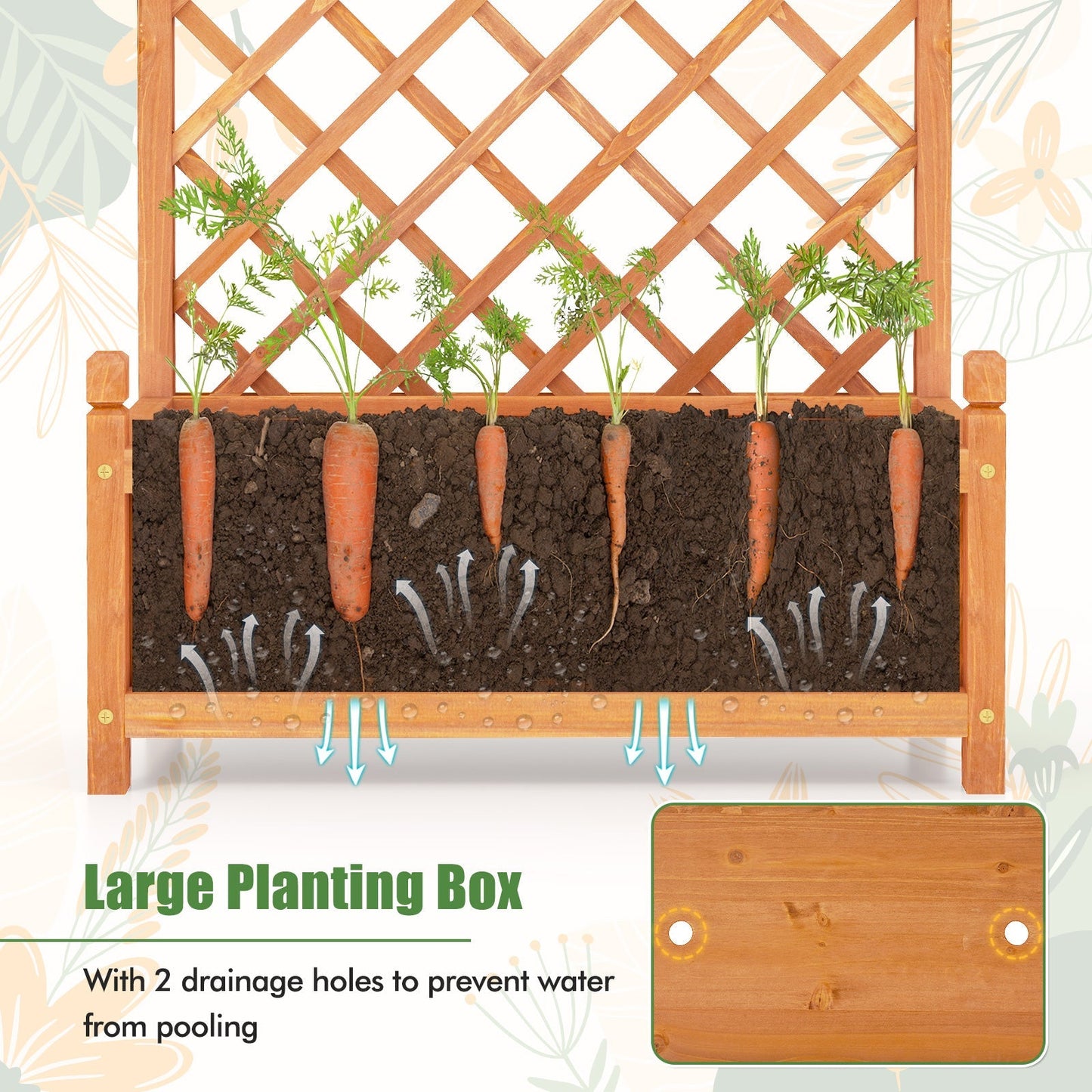 60 Inch Tall Raised Garden Bed with Diamond Lattice Trellis and Drainage Holes