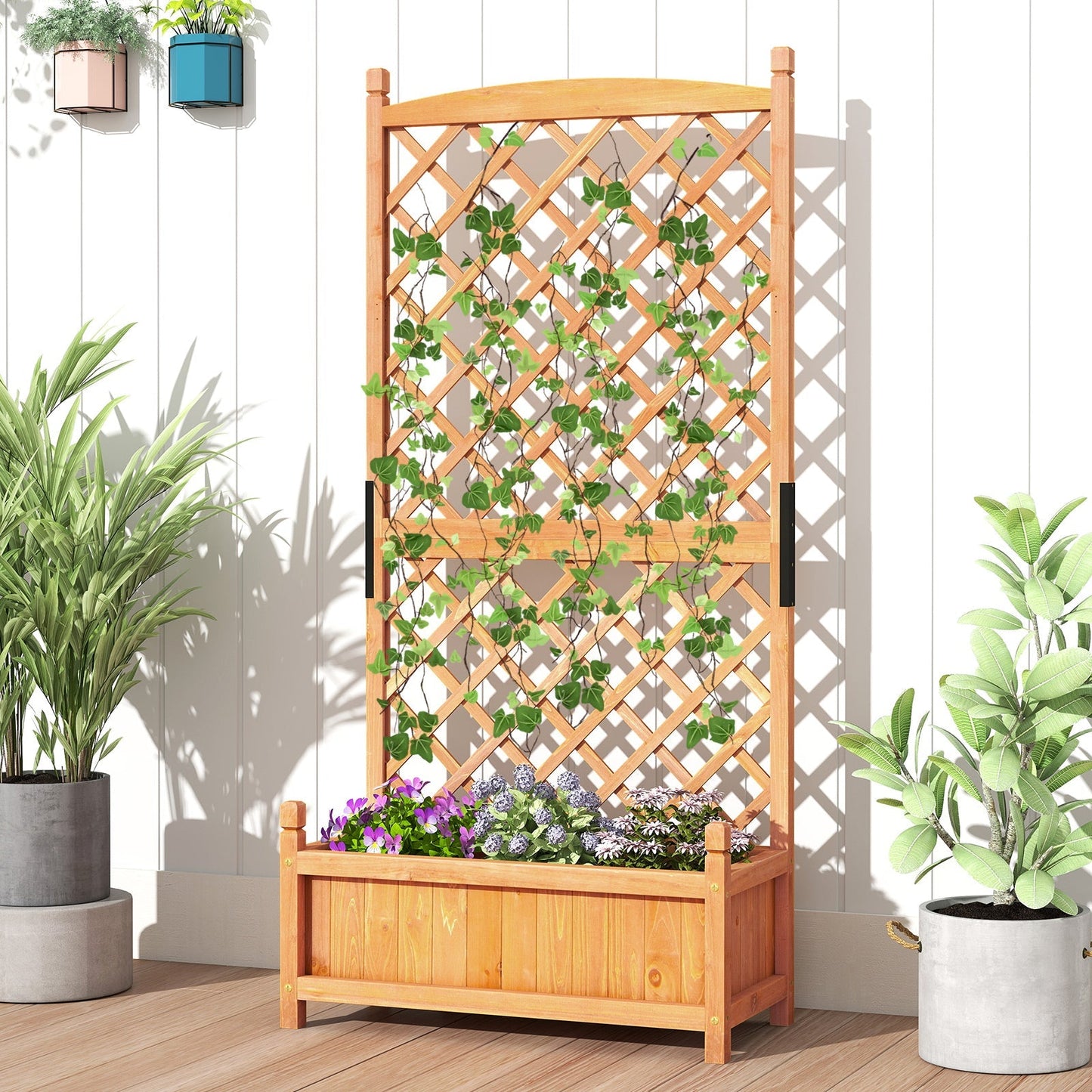 60 Inch Tall Raised Garden Bed with Diamond Lattice Trellis and Drainage Holes