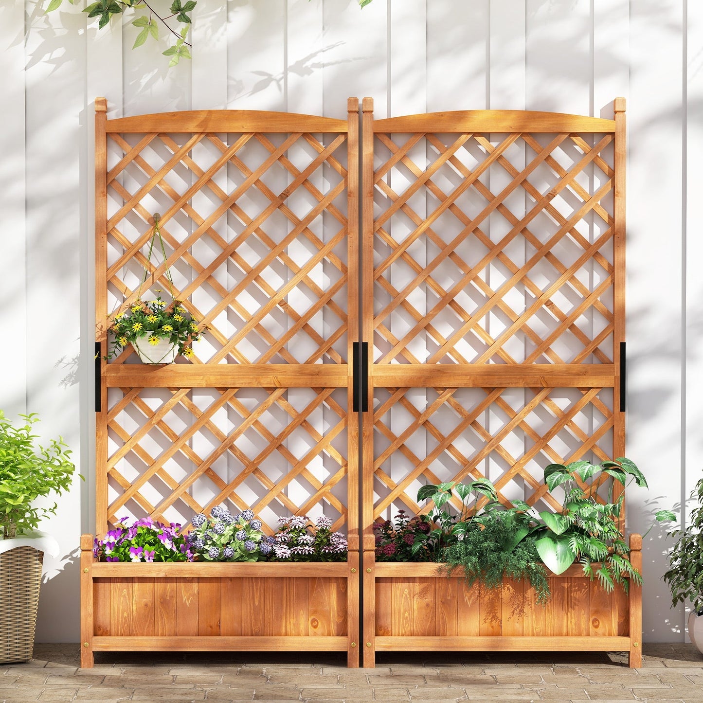 60 Inch Tall Raised Garden Bed with Diamond Lattice Trellis and Drainage Holes