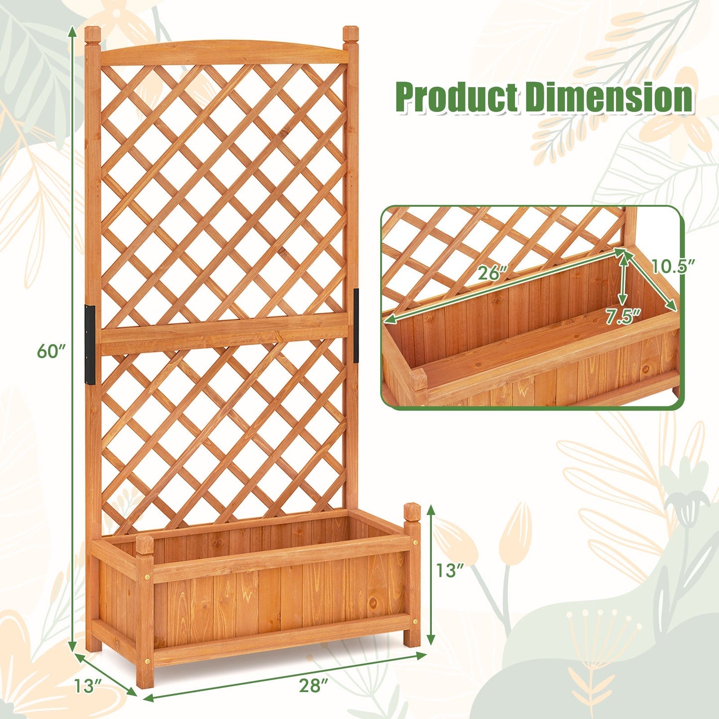 60 Inch Tall Raised Garden Bed with Diamond Lattice Trellis and Drainage Holes