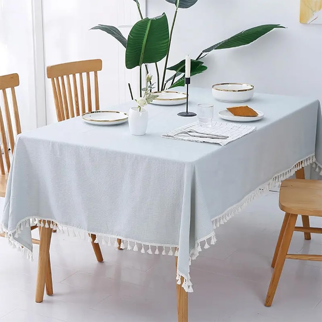 Fennco Styles Modern Houndstooth Design Everyday Tablecloth 40" W X 56" L - Yellow Cotton Blend Tassels Table Cover for Dining Room, Banquets, Holidays, Special Events and Home Décor