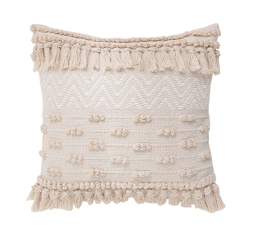 Fennco Styles Handwoven Diamond Tassel Decorative Throw Pillow Cover 18" W x 18" L - Natural Textured Boho Cushion Case for Home, Couch, Living Room, Bedroom and Office Décor