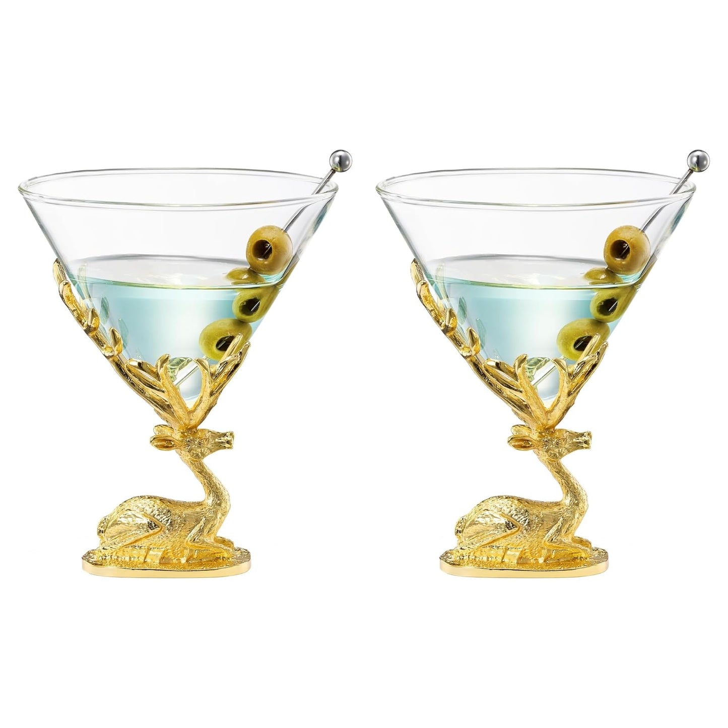Stag Antler Cocktail Glasses Set of 2 Gold Deer Design Elegant Animal Inspired Barware