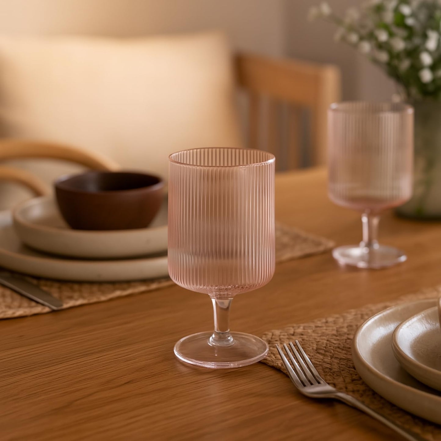Khen Ripple Textured Blush Pink Stemmed Glass Wine Goblets | Set of 2