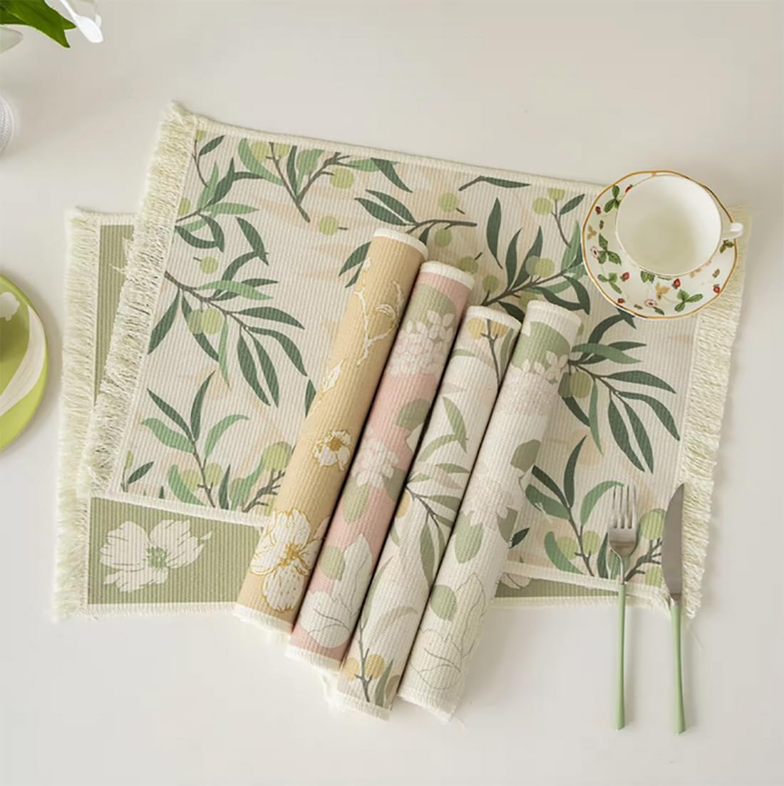 Fennco Styles Berries & Leaves Printed with Fringe Placemats 14" W x 19" L, Set of 4 - Botanical Design Table Mats for Dining Room, Banquets, Family Gatherings, and Holidays