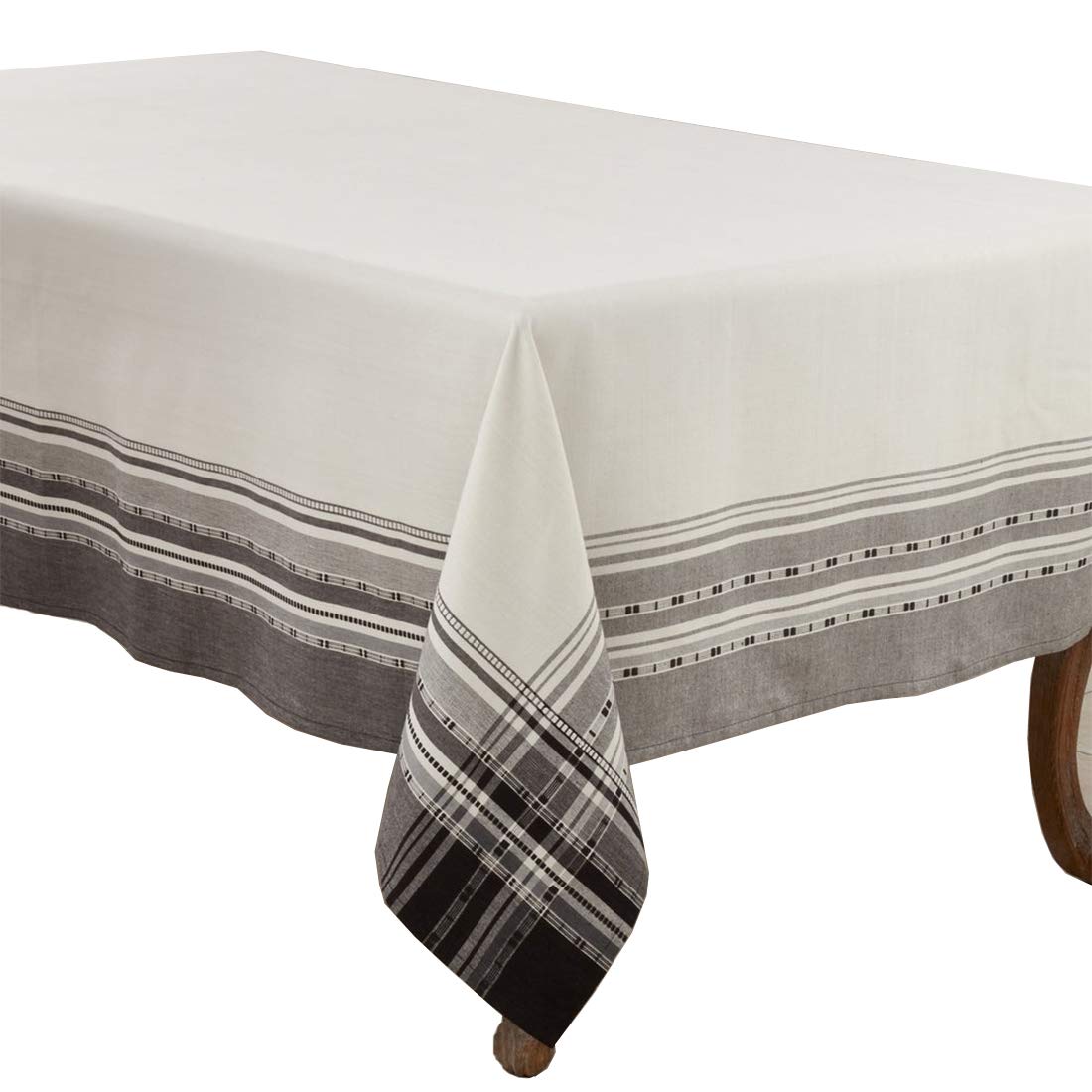 Fennco Styles Neutral Cotton Tablecloth with Plaid Border Design - Grey Border Table Cover for Home Décor, Dining Table, Banquets and Special Occasion