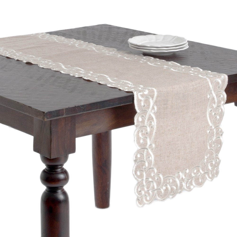 Fennco Styles Embroidered Scallop Design Natural Linen Blend Tablecloth