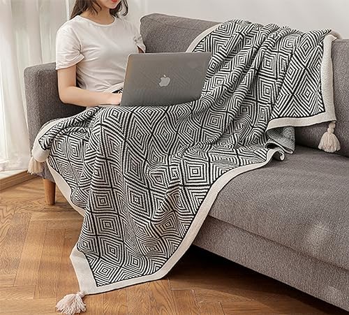 Fennco Styles Modern Diamond Knitted Throw Blanket with Tassel 50" W x 60" L – Taupe Geometric Pattern Lightweight Blanket for Couch, Bedroom, Living Room and Office Décor