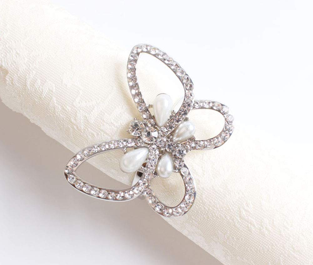 Fennco Styles Decorative Bejeweled Design Butterfly Metal Napkin Rings, Set of 4 - Silver Napkin Rings for Family Dinner, Theme Party, Wedding, Special Event and Home Décor