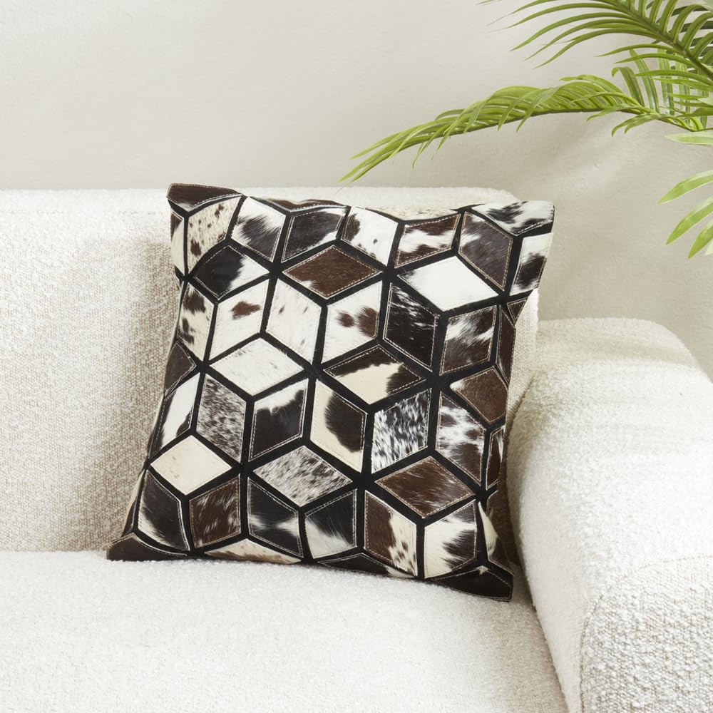 Fennco Styles Diamond Patchwork Hair On Leather Decorative Throw Pillow Cover 16" W x 16" L - Black & White Cushion Case for Home, Couch, Bedroom, Living Room and Office Décor