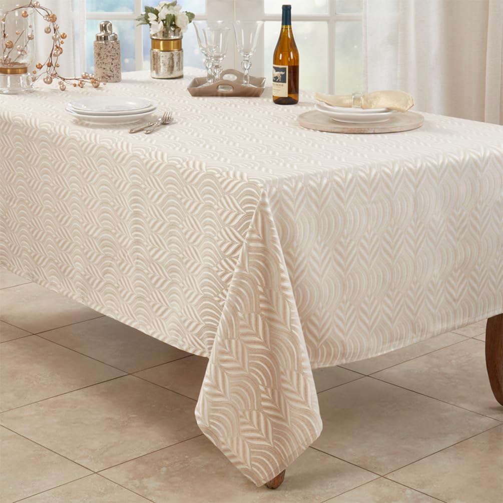 Fennco Styles Elegant Champagne Jacquard Tablecloth 72" W X 90" L - Metallic Design Cotton Blend Table Cover for Home Décor, Everyday Use, Christmas, Banquets and Special Events