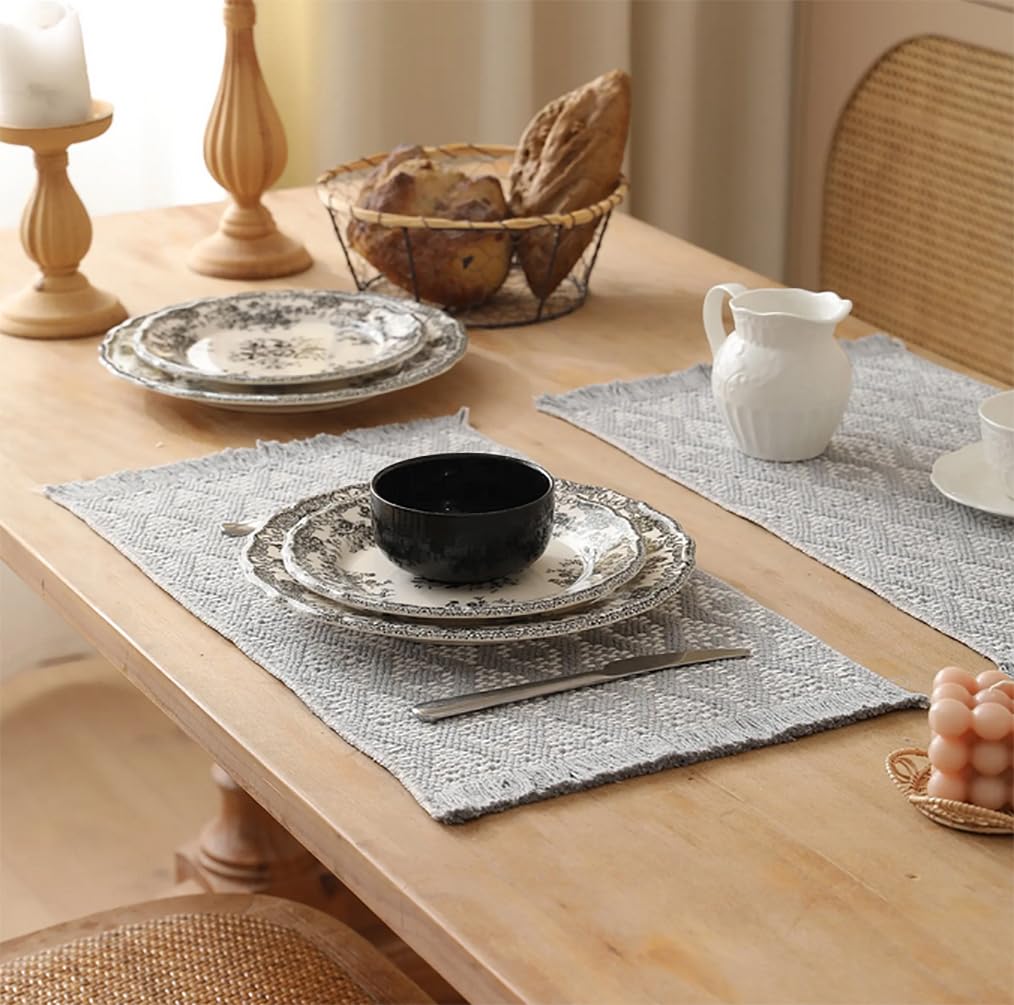 Fennco Styles Modern Diamond Woven Placemats 12" W x 19" L, Set of 4 - Grey Geometric Fringe Table Mats for Dining Room, Banquets, Family Gatherings, and Holidays