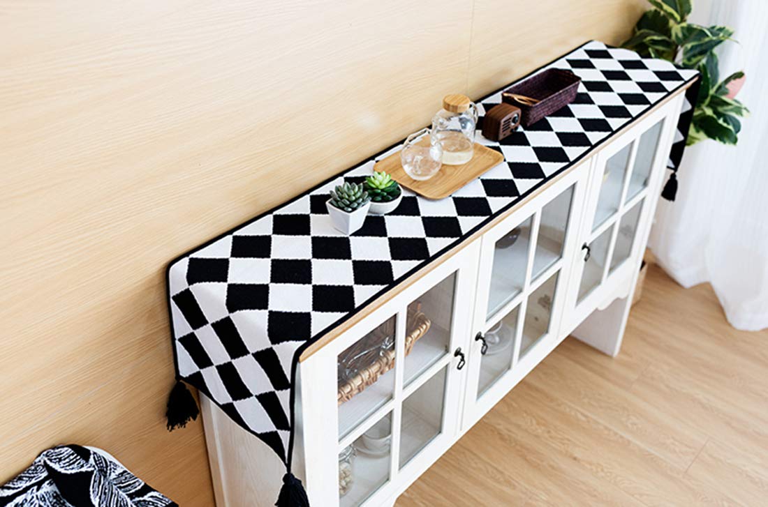 Fennco Styles Black and White Checker Woven Table Runner - 14 x 71 Inch Check Runner Table Centerpiece for Dining Home Decor, Indoor Parties, Holiday Events Tassel Table Runner