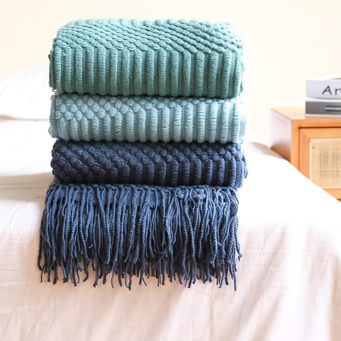 Fennco Styles Striped Knit Solid Fringe Throw Blanket 50" W x 60" L - Navy Blue Soft Textured Light Weight Blanket for Sofa, Couch, Living Room and Bedroom Décor