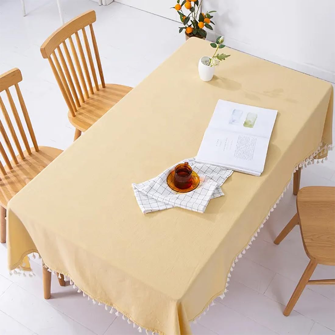 Fennco Styles Modern Houndstooth Design Everyday Tablecloth 40" W X 56" L - Yellow Cotton Blend Tassels Table Cover for Dining Room, Banquets, Holidays, Special Events and Home Décor