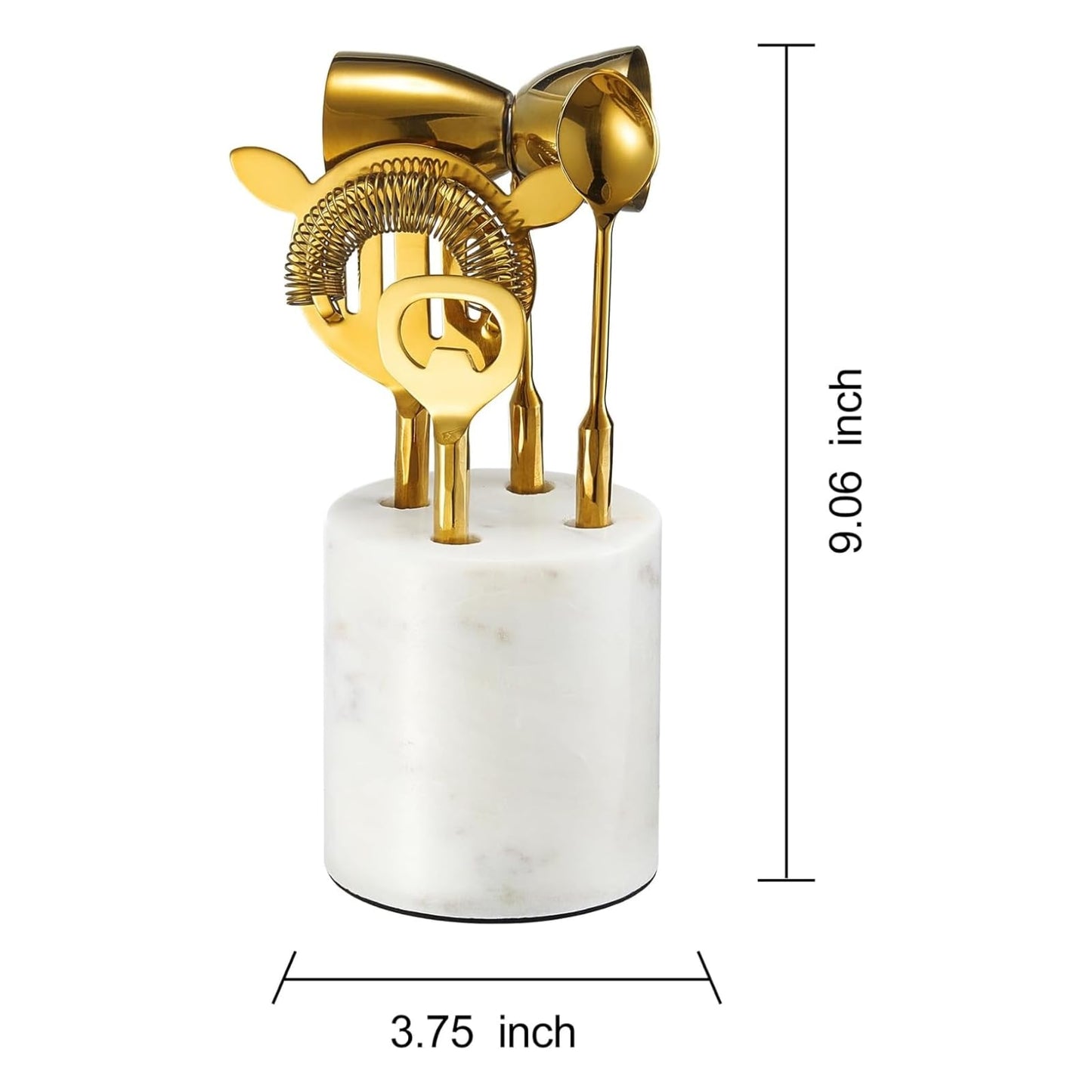 Gold Marble Cocktail Bar Tool Set, 5 Piece 9.06 x 3.75 Inch White Stone Holder Stainless Steel