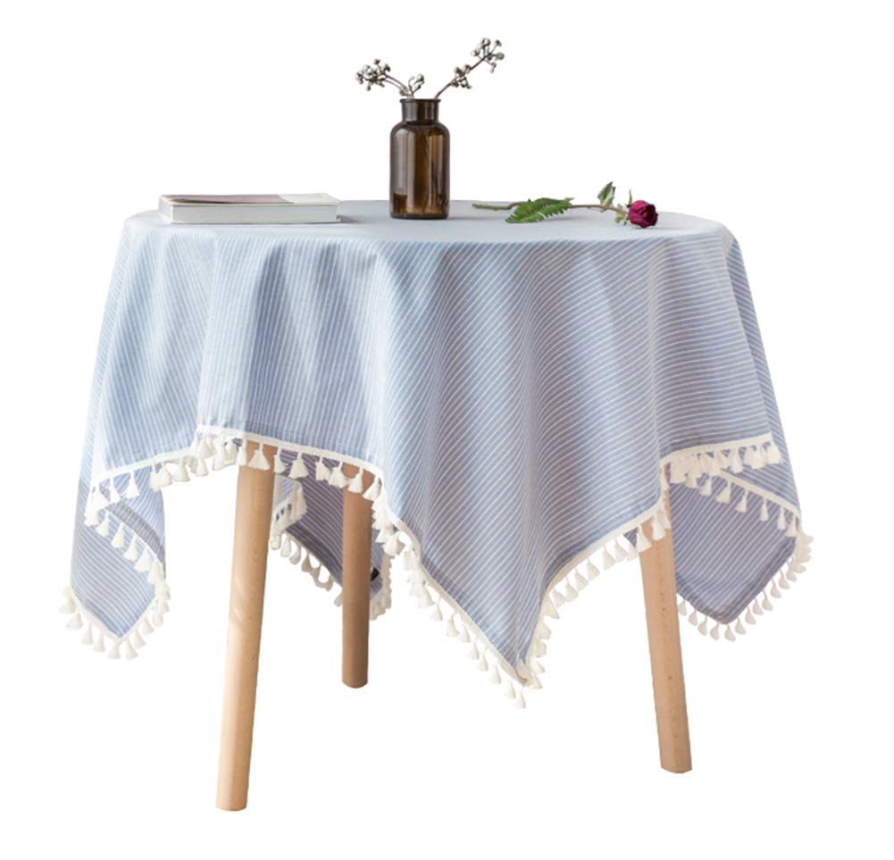 Fennco Styles Simply Striped Tassel Cotton Blend 55 x 55 Inch Tablecloth - Green Table Cover for Banquets, Holiday, Special Events, Outdoor and Home Décor