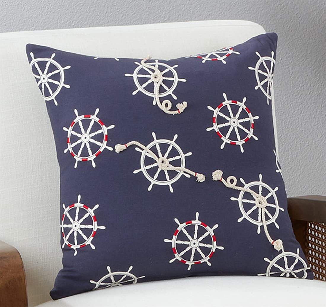 Fennco Styles Nautical Helm Wheel & Rope Appliqué Cotton Decorative Throw Pillow 18" W x 18" L – Navy Blue Coastal Cushion for Couch, Sofa, Bedroom, Office and Living Room Décor