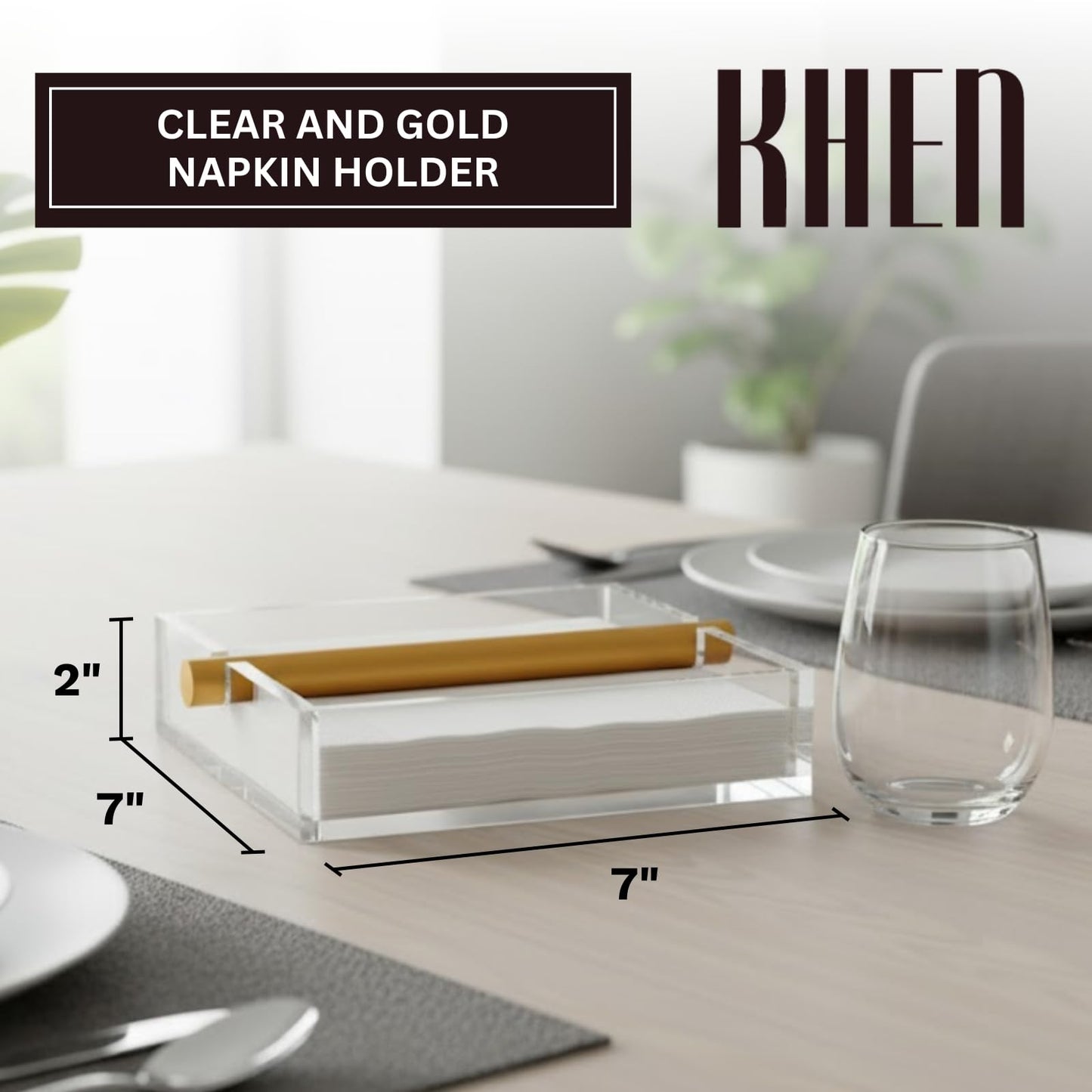 Clear & Gold Napkin Holder – 7"x 7" Square Design | Modern Table Decor